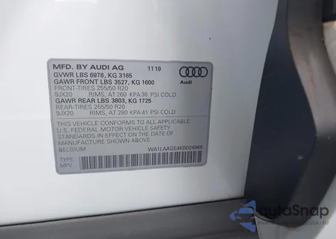 2019 Audi E-Tron Premium Plus z USA, uszkodzony, nr VIN WA1LAAGE4KB024966